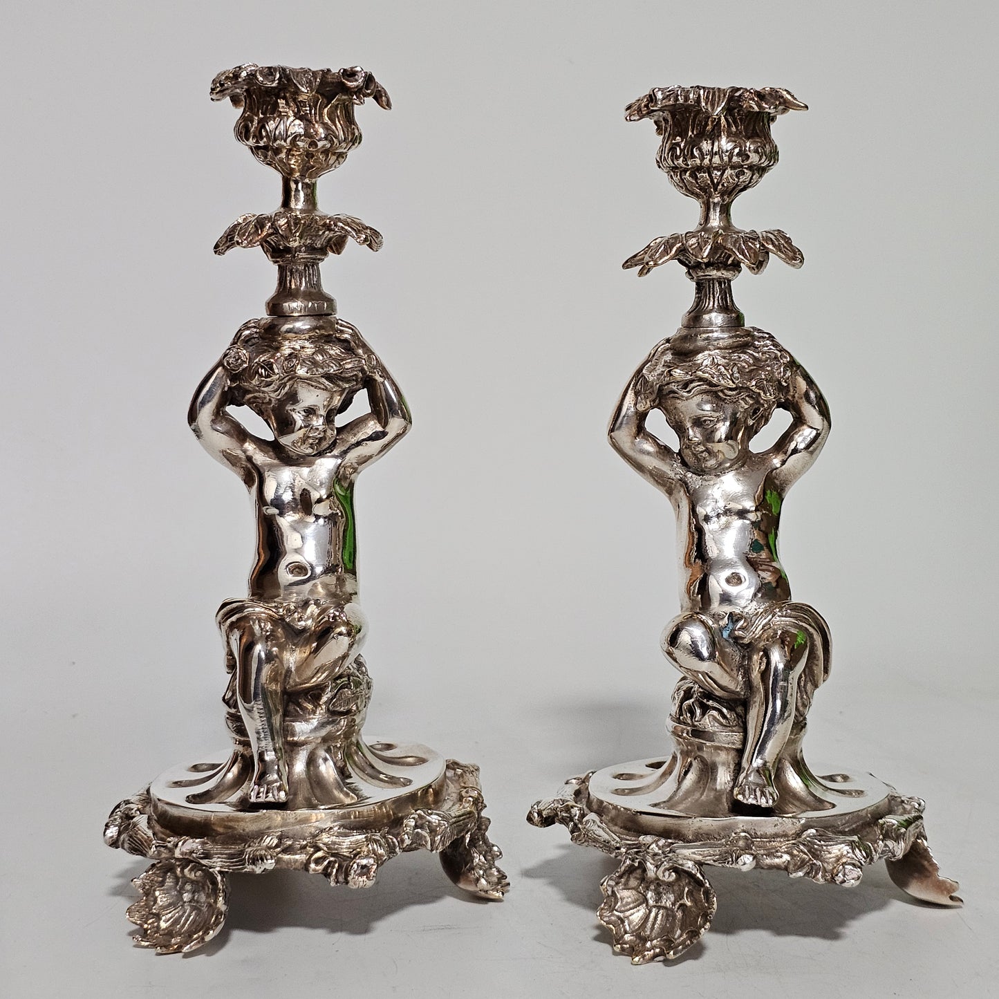 Fine Quality Antique Silver Plated Pair Of Cherub/putti Candlesticks - Lee Sherman Antiques