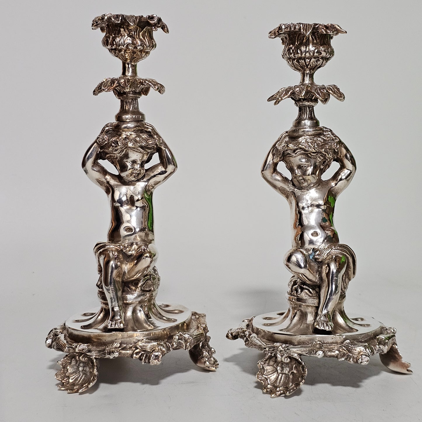 Fine Quality Antique Silver Plated Pair Of Cherub/putti Candlesticks - Lee Sherman Antiques