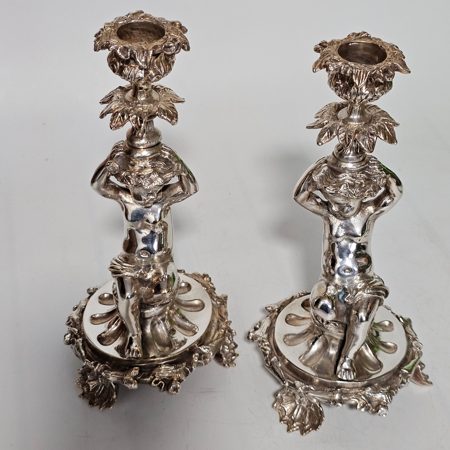 Fine Quality Antique Silver Plated Pair Of Cherub/putti Candlesticks - Lee Sherman Antiques