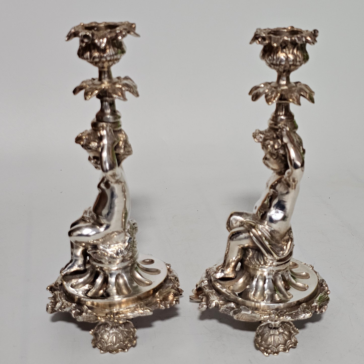 Fine Quality Antique Silver Plated Pair Of Cherub/putti Candlesticks - Lee Sherman Antiques