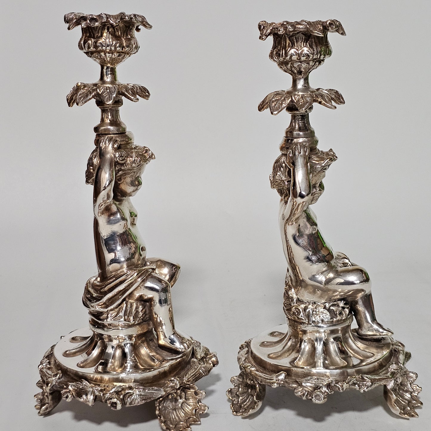 Fine Quality Antique Silver Plated Pair Of Cherub/putti Candlesticks - Lee Sherman Antiques