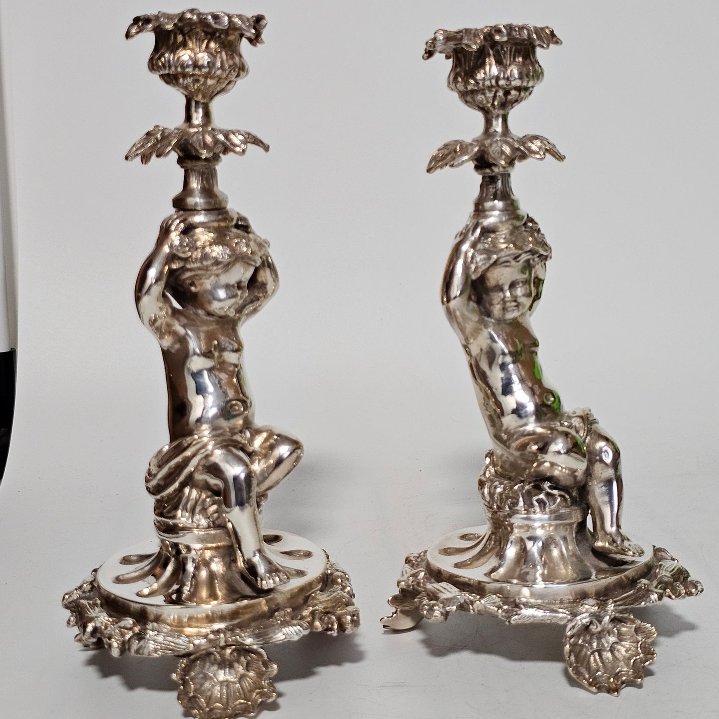 Fine Quality Antique Silver Plated Pair Of Cherub/putti Candlesticks - Lee Sherman Antiques