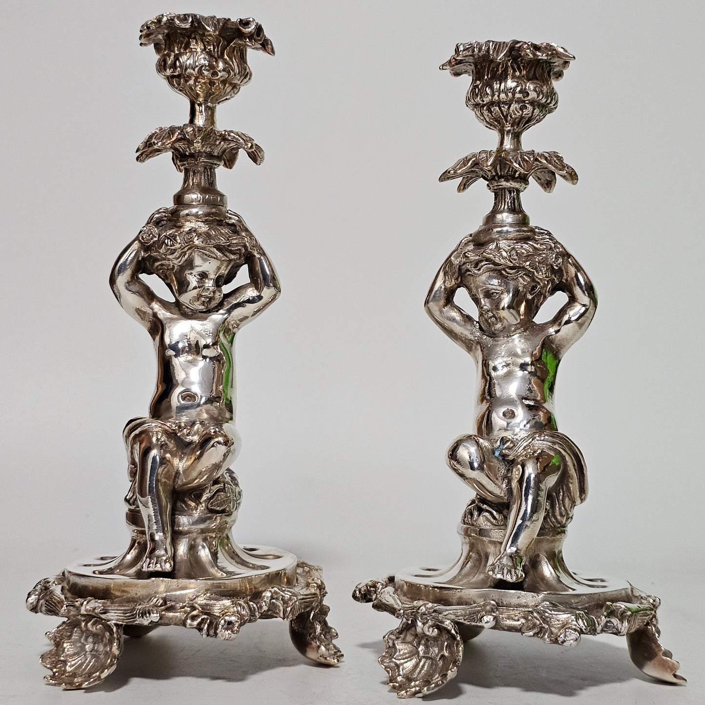 Fine Quality Antique Silver Plated Pair Of Cherub/putti Candlesticks - Lee Sherman Antiques