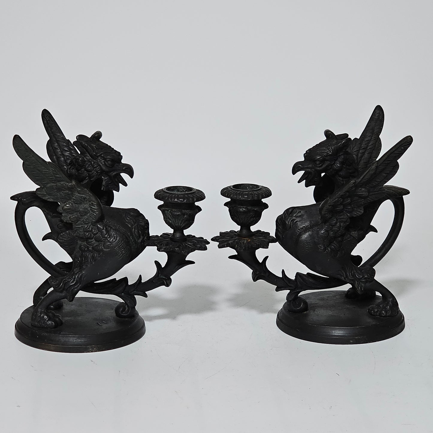Fine Quality Heavy Bronze Griffin Chambersticks Late 19th/early 20thc - Lee Sherman Antiques