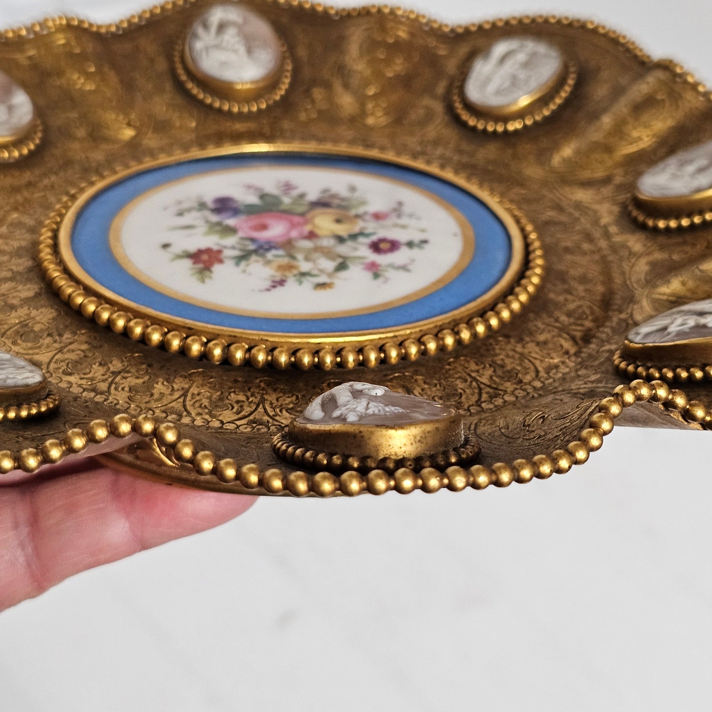 Striking 19thc Sevres Mounted Gilt Brass Dish Surrounded by Antique Cameos - Lee Sherman Antiques
