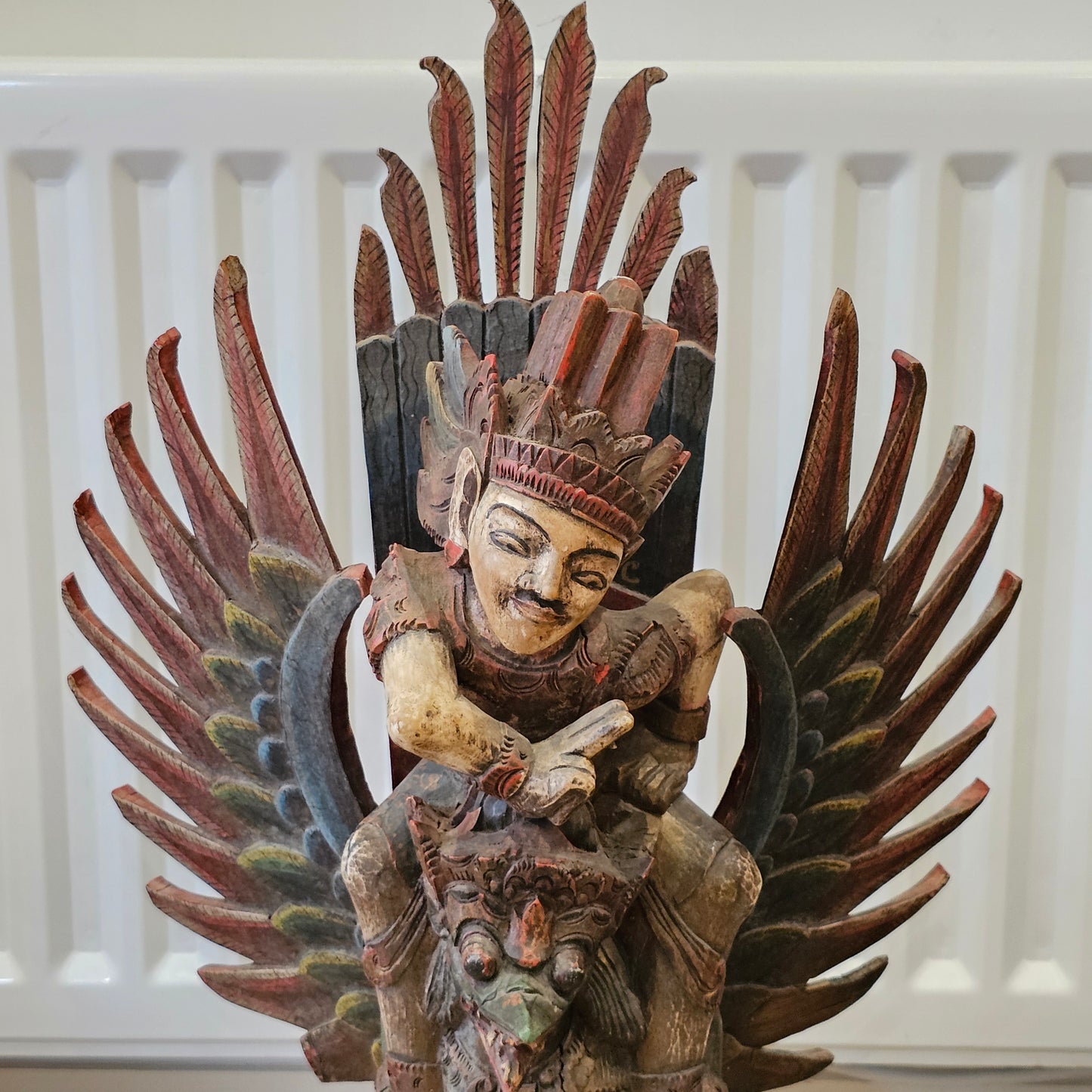 A Large, 75cm, Antique Carved & Painted Wooden Statue Of Vishnu Riding Garuda c1900