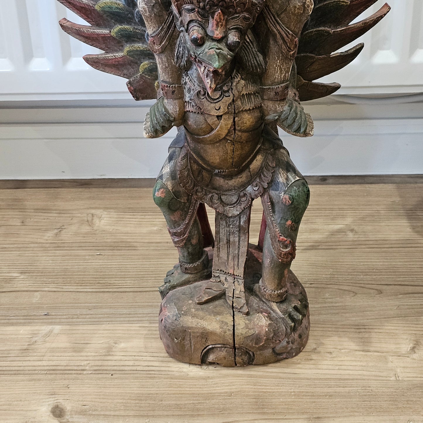 A Large, 75cm, Antique Carved & Painted Wooden Statue Of Vishnu Riding Garuda c1900