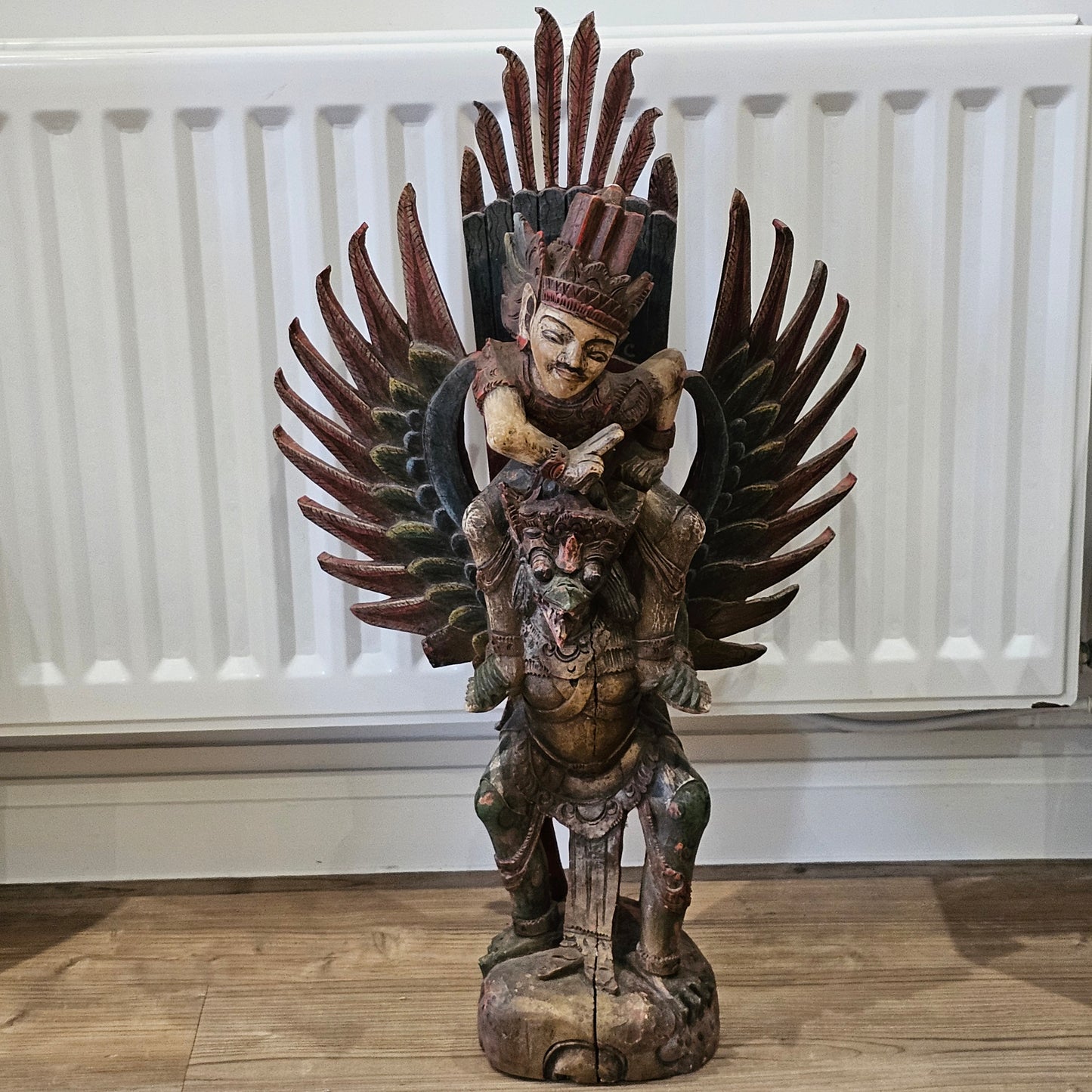 A Large, 75cm, Antique Carved & Painted Wooden Statue Of Vishnu Riding Garuda c1900