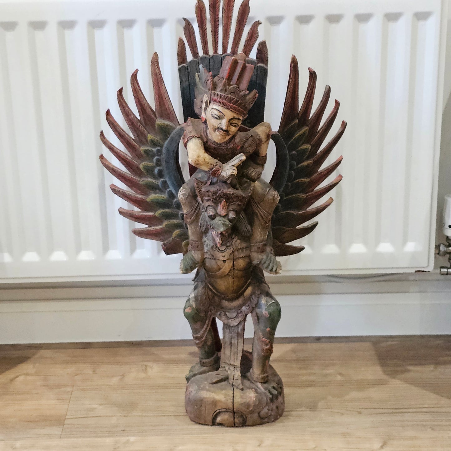A Large, 75cm, Antique Carved & Painted Wooden Statue Of Vishnu Riding Garuda c1900