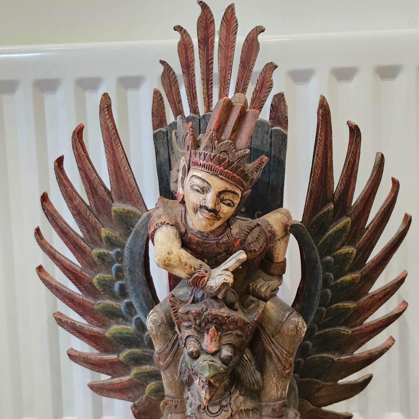 A Large, 75cm, Antique Carved & Painted Wooden Statue Of Vishnu Riding Garuda c1900