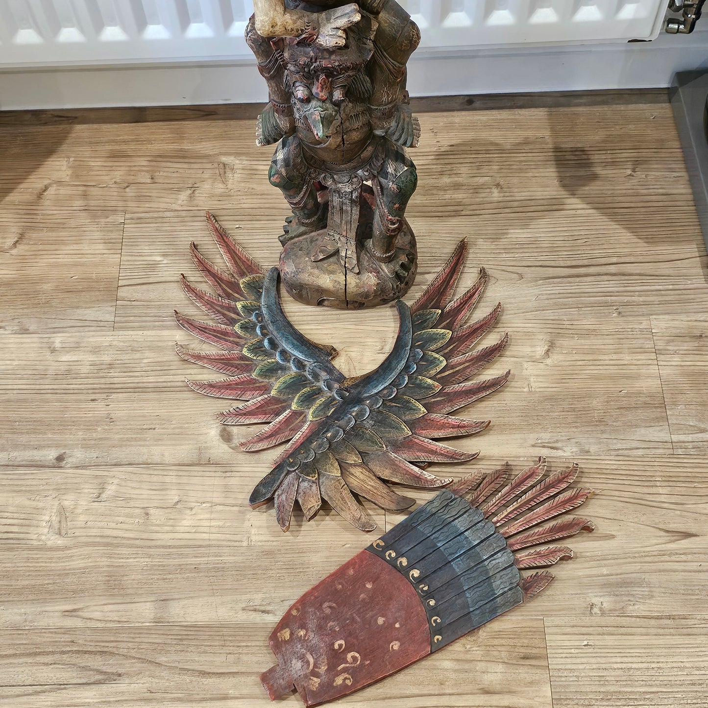 A Large, 75cm, Antique Carved & Painted Wooden Statue Of Vishnu Riding Garuda c1900
