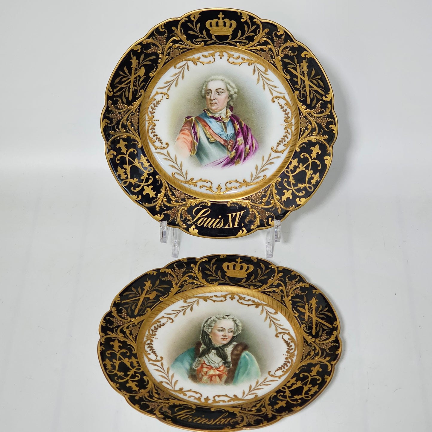Exceptional Quality Pair Of Sevres Hand Painted French 19th Century Portrait Plates Of Louis XV & Mdme. Lukinska