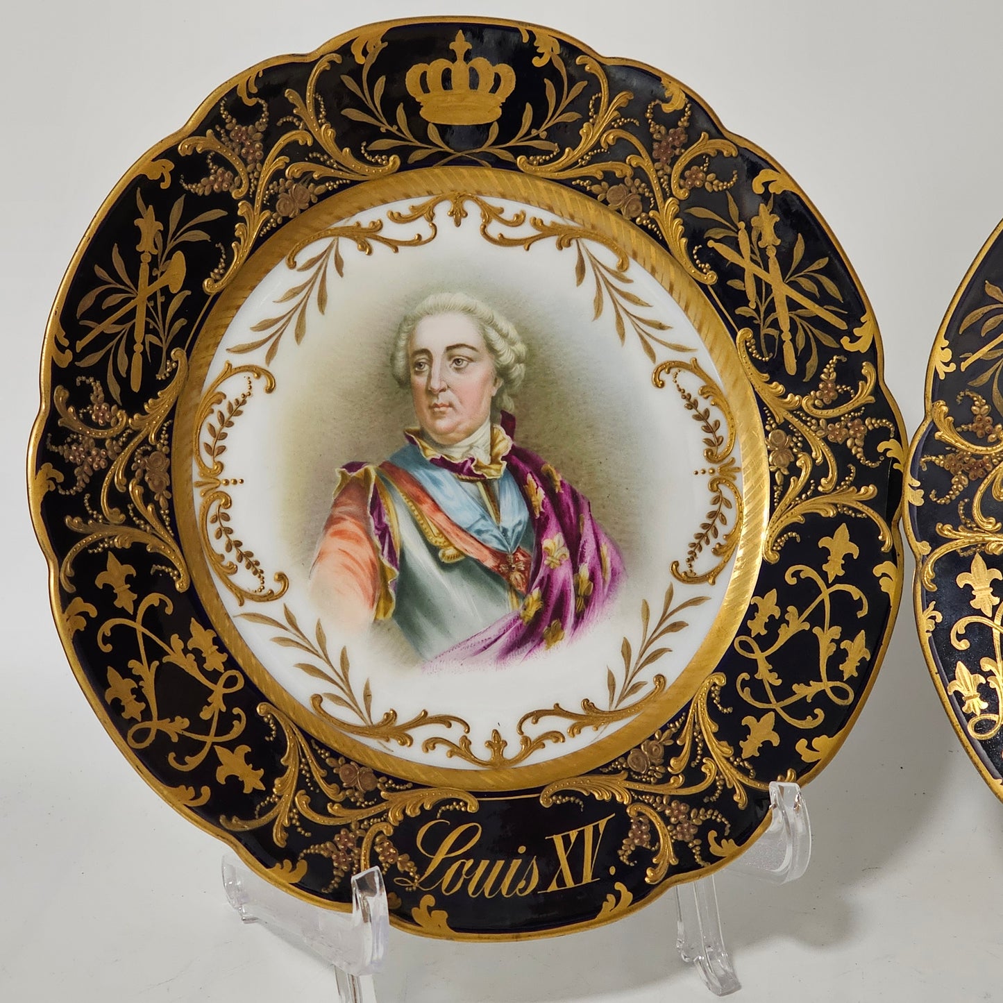 Exceptional Quality Pair Of Sevres Hand Painted French 19th Century Portrait Plates Of Louis XV & Mdme. Lukinska