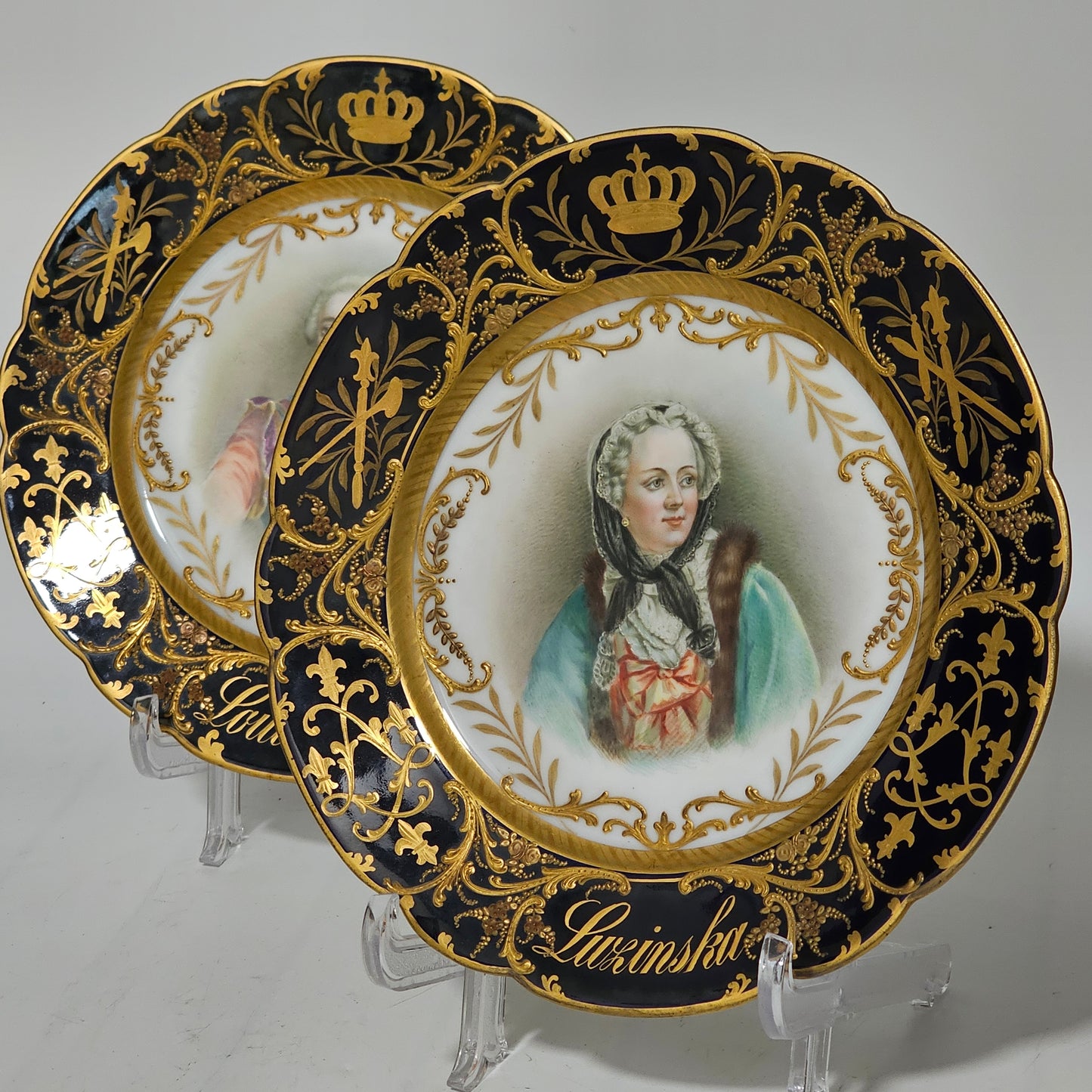 Exceptional Quality Pair Of Sevres Hand Painted French 19th Century Portrait Plates Of Louis XV & Mdme. Lukinska