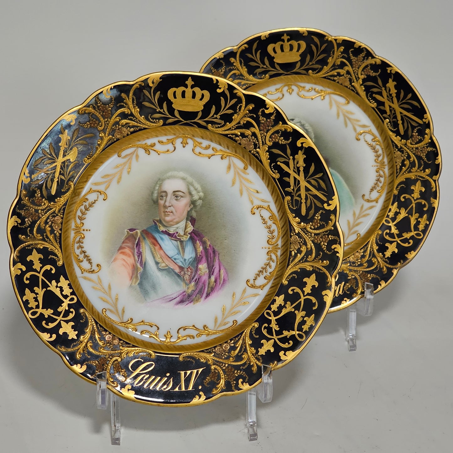 Exceptional Quality Pair Of Sevres Hand Painted French 19th Century Portrait Plates Of Louis XV & Mdme. Lukinska
