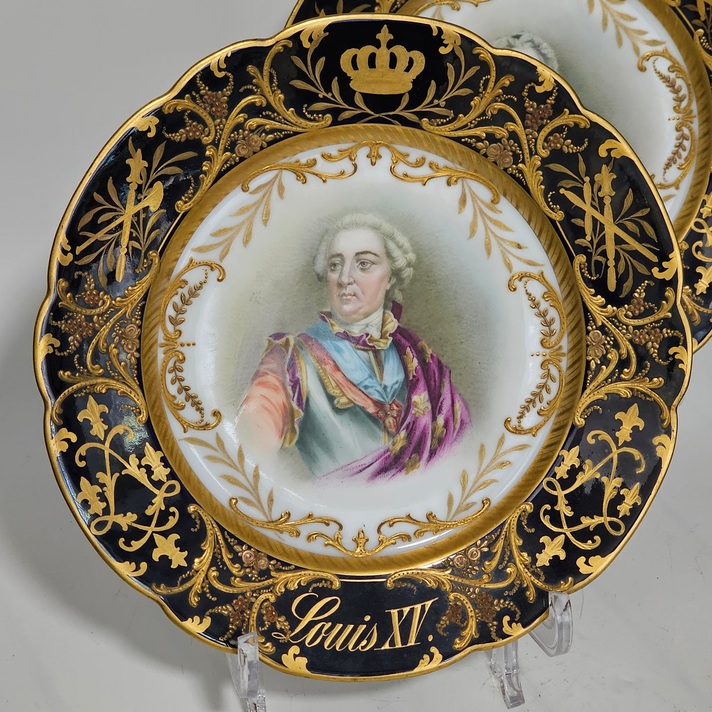 Exceptional Quality Pair Of Sevres Hand Painted French 19th Century Portrait Plates Of Louis XV & Mdme. Lukinska