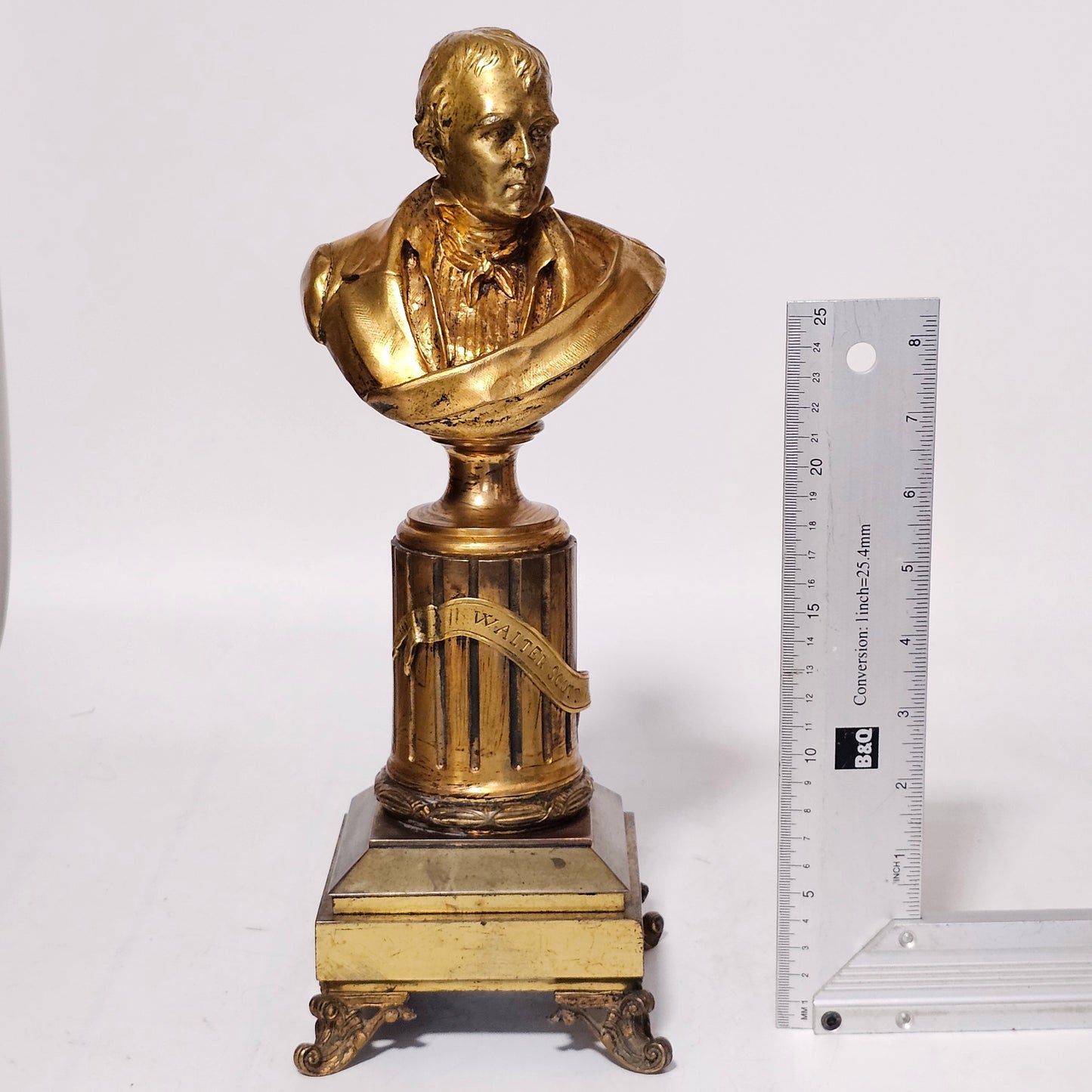 Fine 19thc 34cm Gilt Bronze Bust of Sir Walter Scott on Fluted Bronze Column