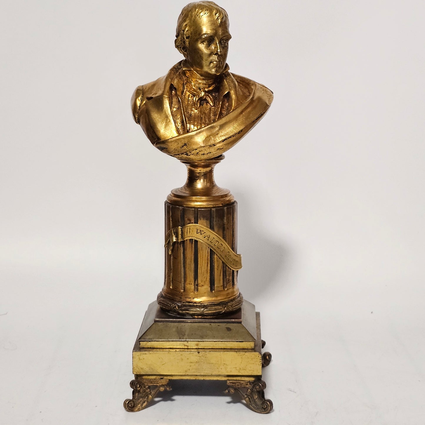 Fine 19thc 34cm Gilt Bronze Bust of Sir Walter Scott on Fluted Bronze Column