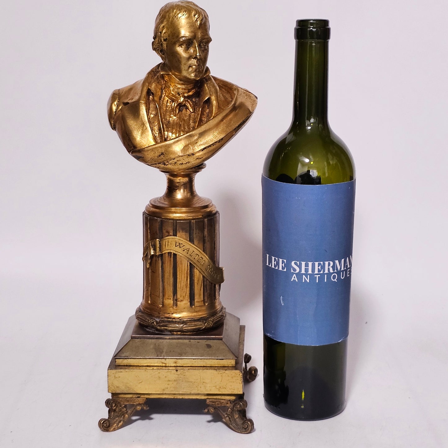Fine 19thc 34cm Gilt Bronze Bust of Sir Walter Scott on Fluted Bronze Column