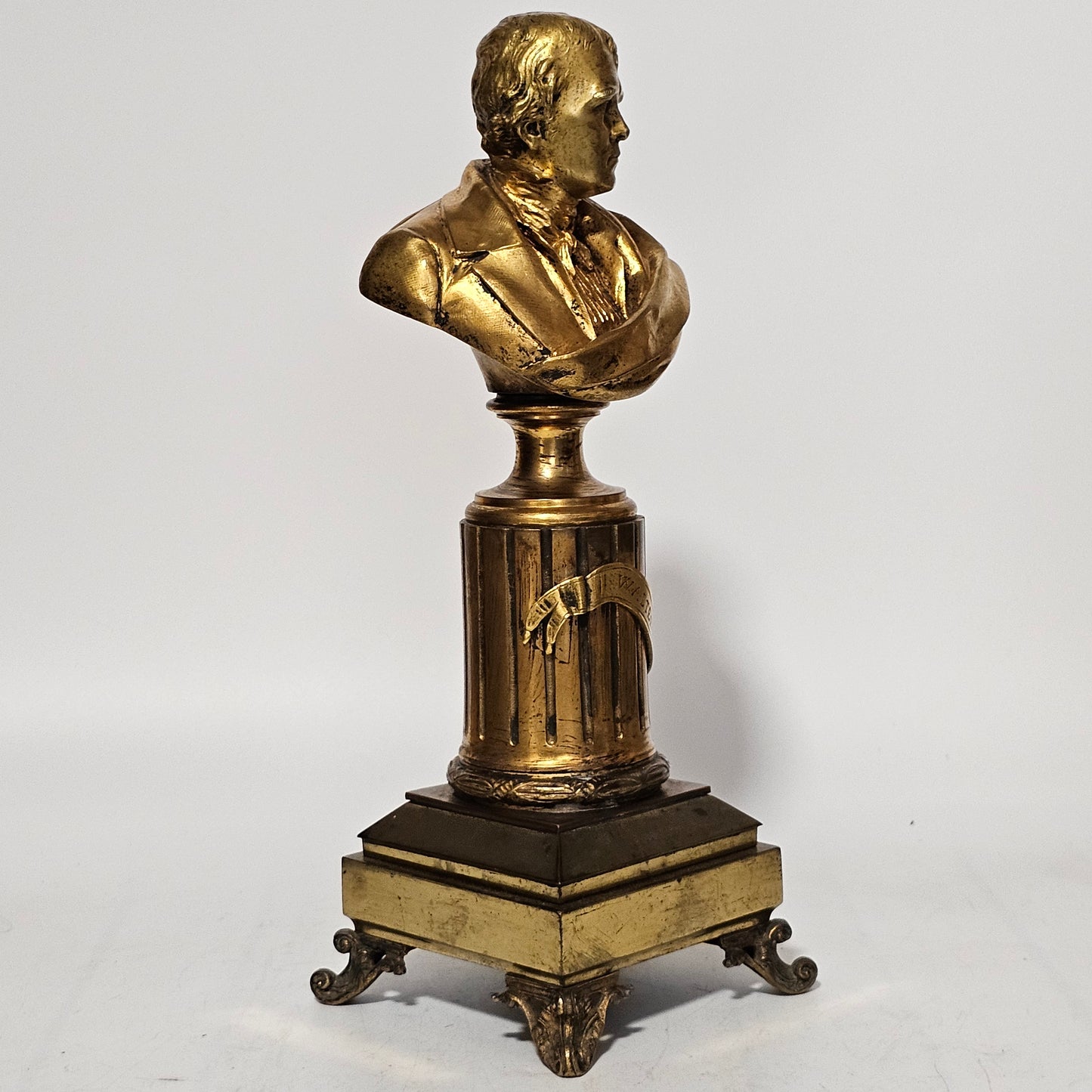 Fine 19thc 34cm Gilt Bronze Bust of Sir Walter Scott on Fluted Bronze Column
