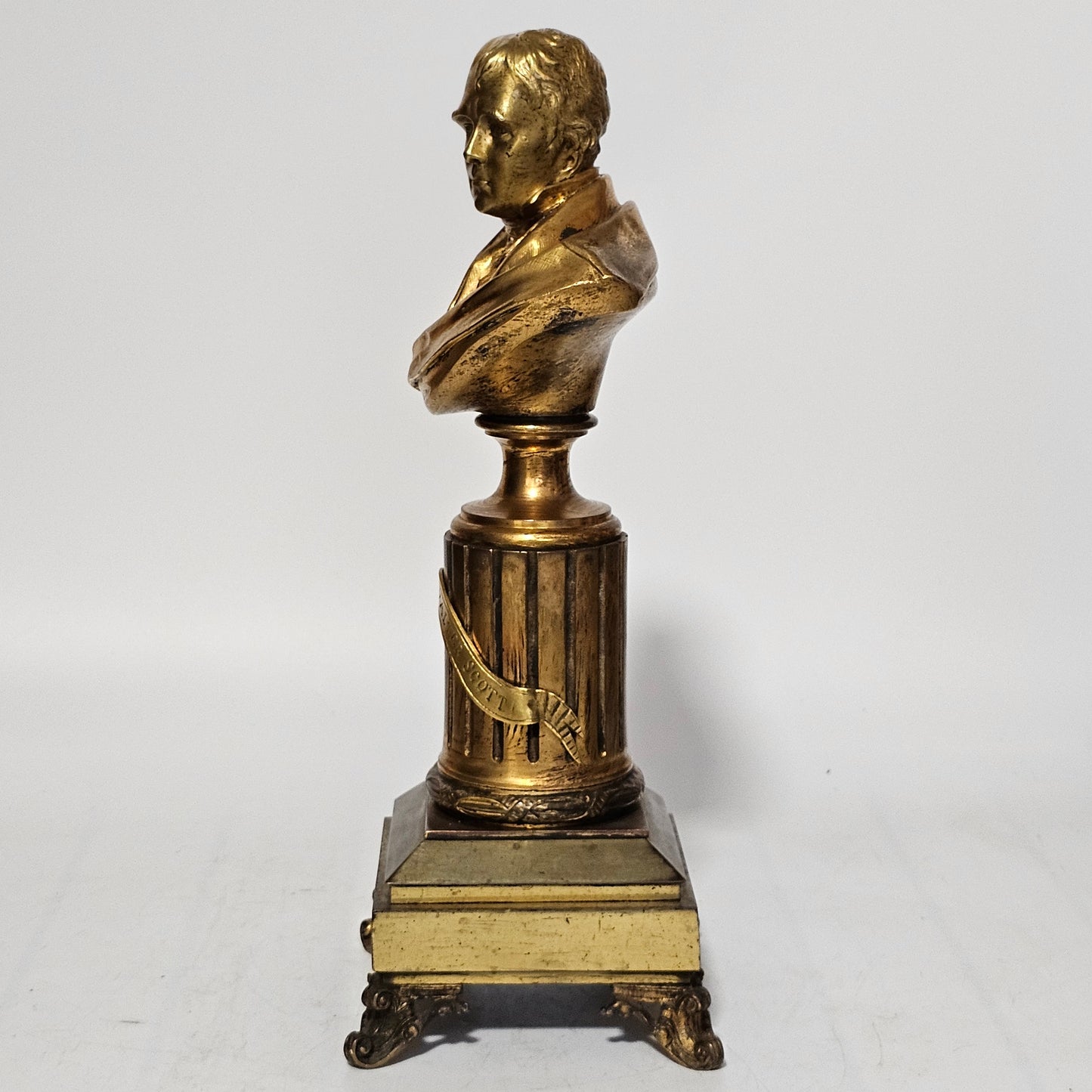 Fine 19thc 34cm Gilt Bronze Bust of Sir Walter Scott on Fluted Bronze Column