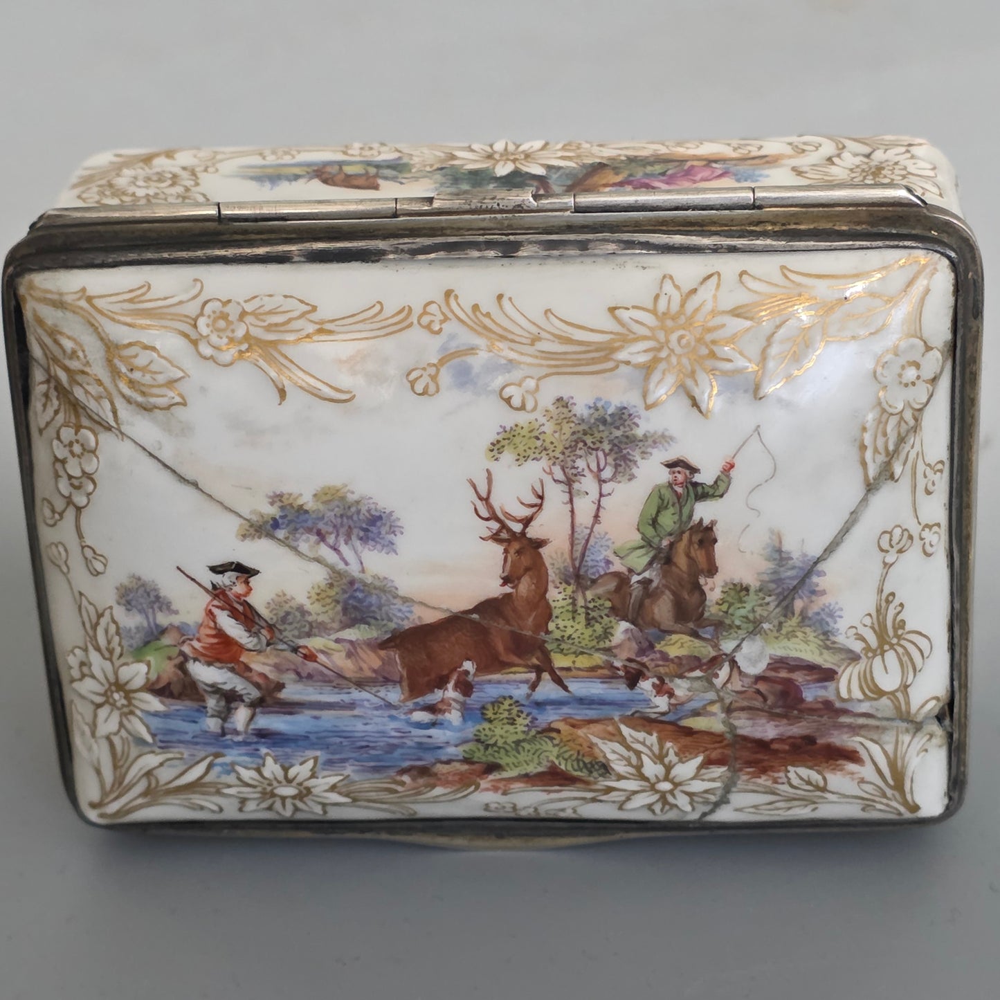 Large Kpm 19thc Silver Mounted Painted Table Snuffbox C1880