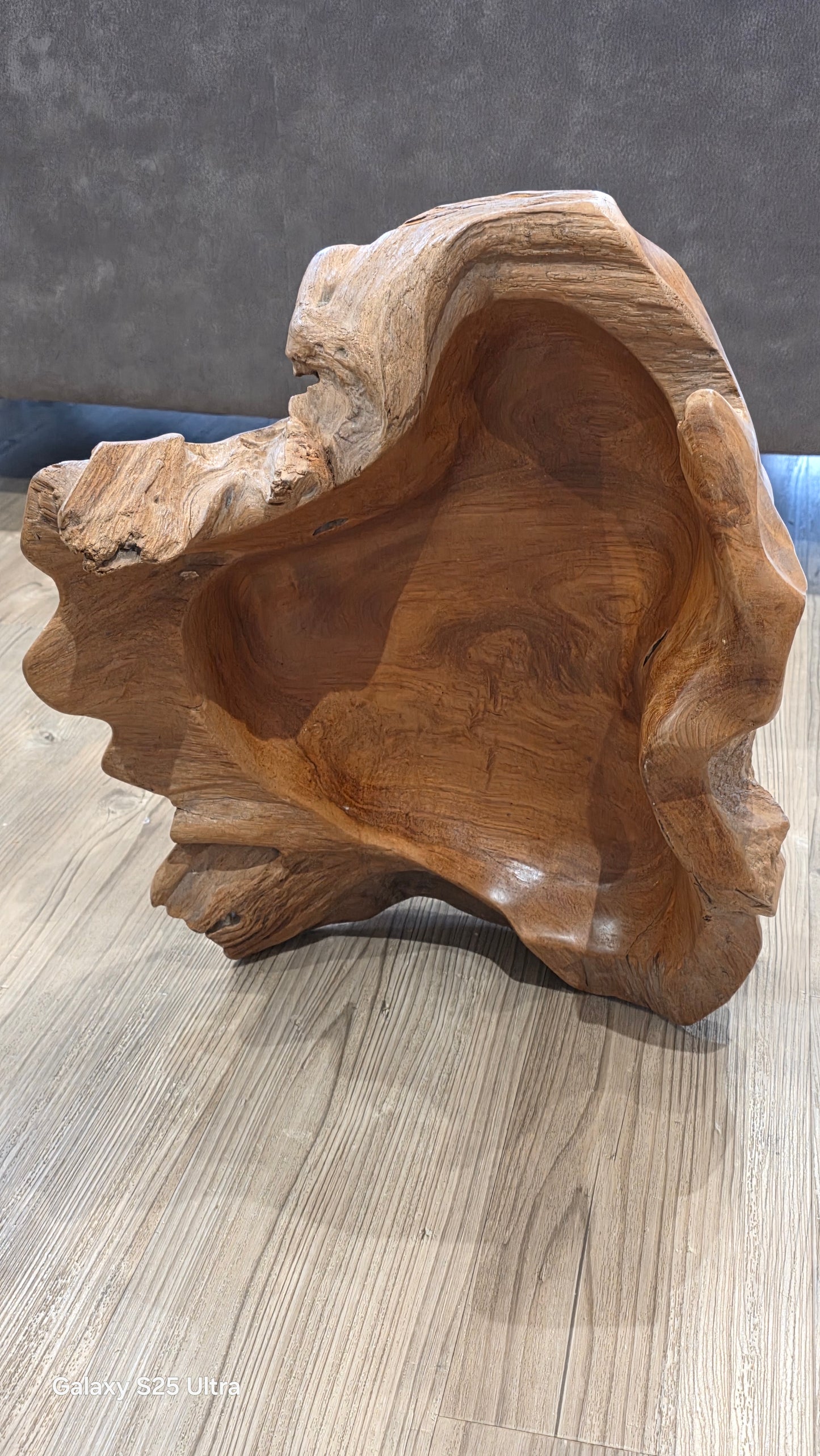 Large rustic wooden centrepiece bowl, 53cm x 46cm.