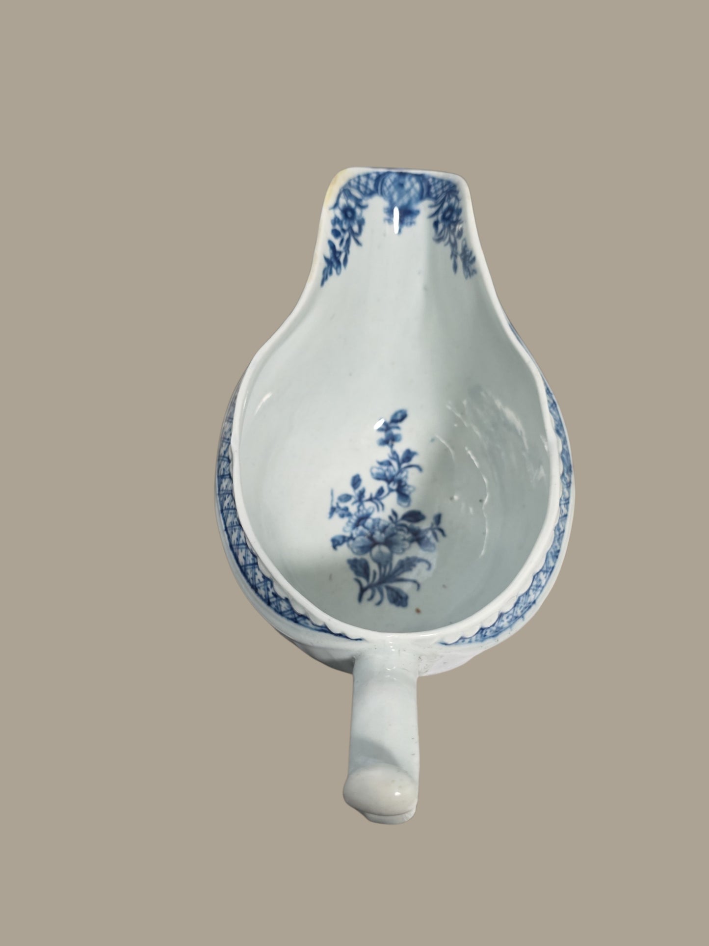 Rare Worcester Porcelain Sauceboat – “The Fisherman and Billboard Island” Pattern, c.1760