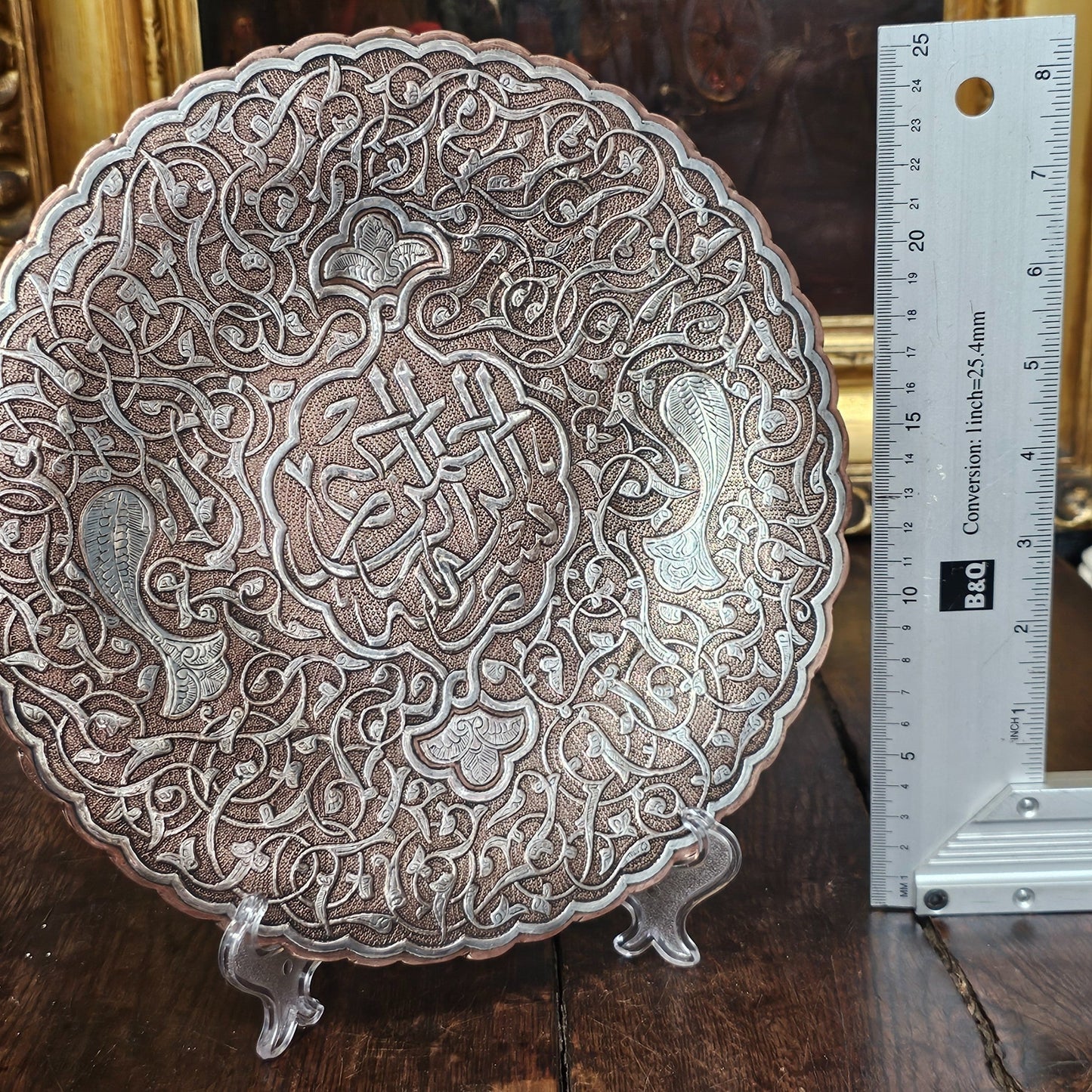 Interesting 19thc Persian Silver Inlaid Copper Dish On Three Brass Cabochon Feet