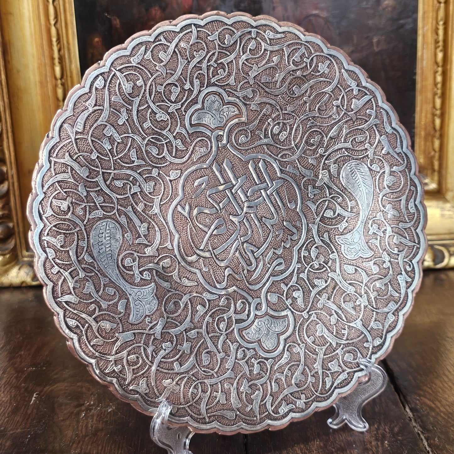 Interesting 19thc Persian Silver Inlaid Copper Dish On Three Brass Cabochon Feet