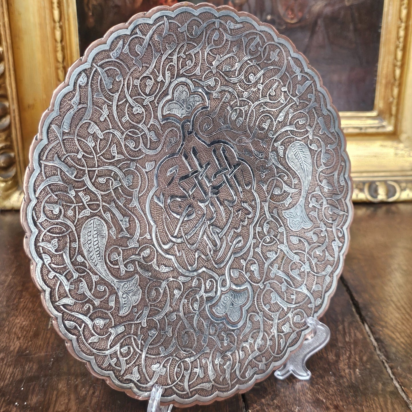 Interesting 19thc Persian Silver Inlaid Copper Dish On Three Brass Cabochon Feet