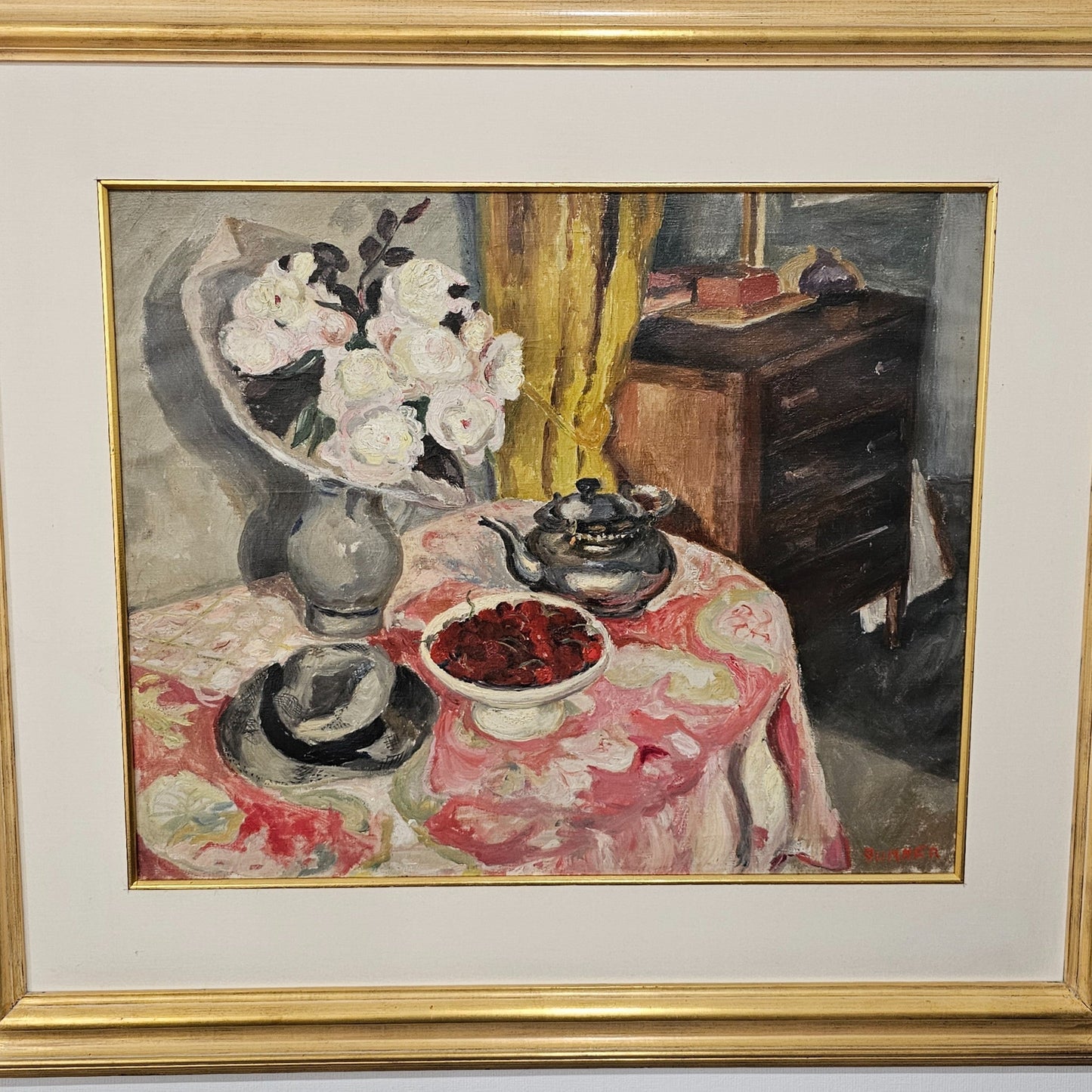 Exceptional Maud Frances Eyston Sumner Oil Painting (south African 1902-1985) Still Life Fruit, Flowers, Hat, Signed, 107cm - 95cm