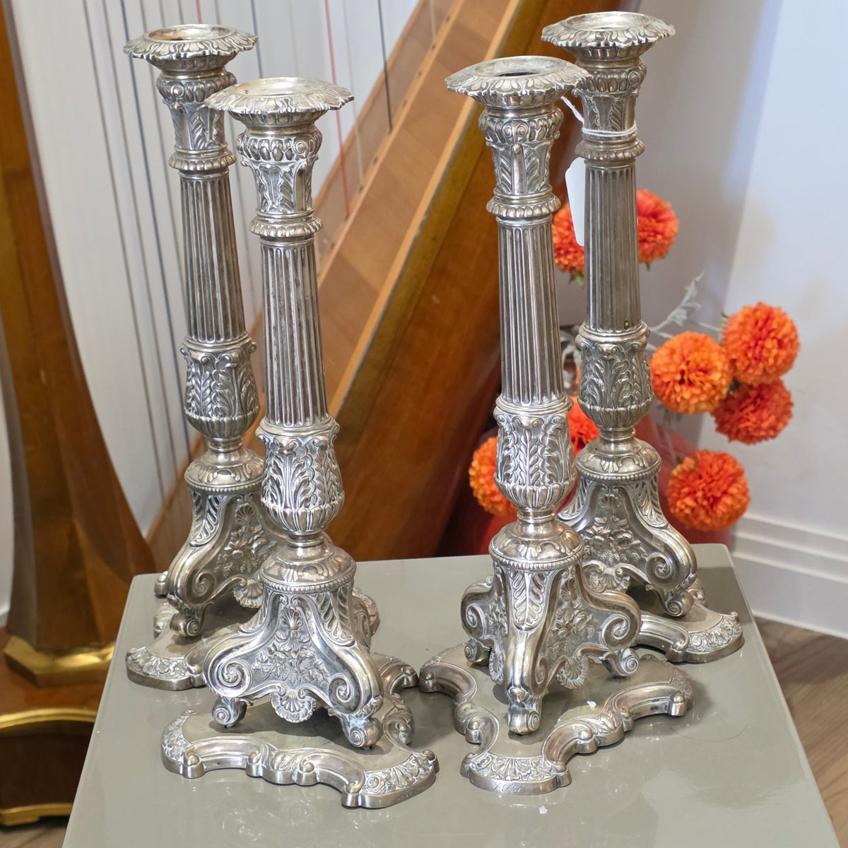 Rare Set of 4 X Fine German Silver Candlesticks 'Conrad Eduard Mappe' C1830 30cm