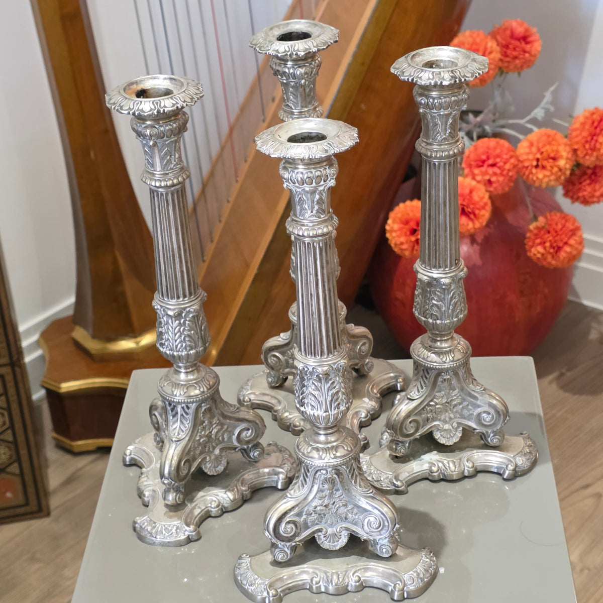 Rare Set of 4 X Fine German Silver Candlesticks 'Conrad Eduard Mappe' C1830 30cm