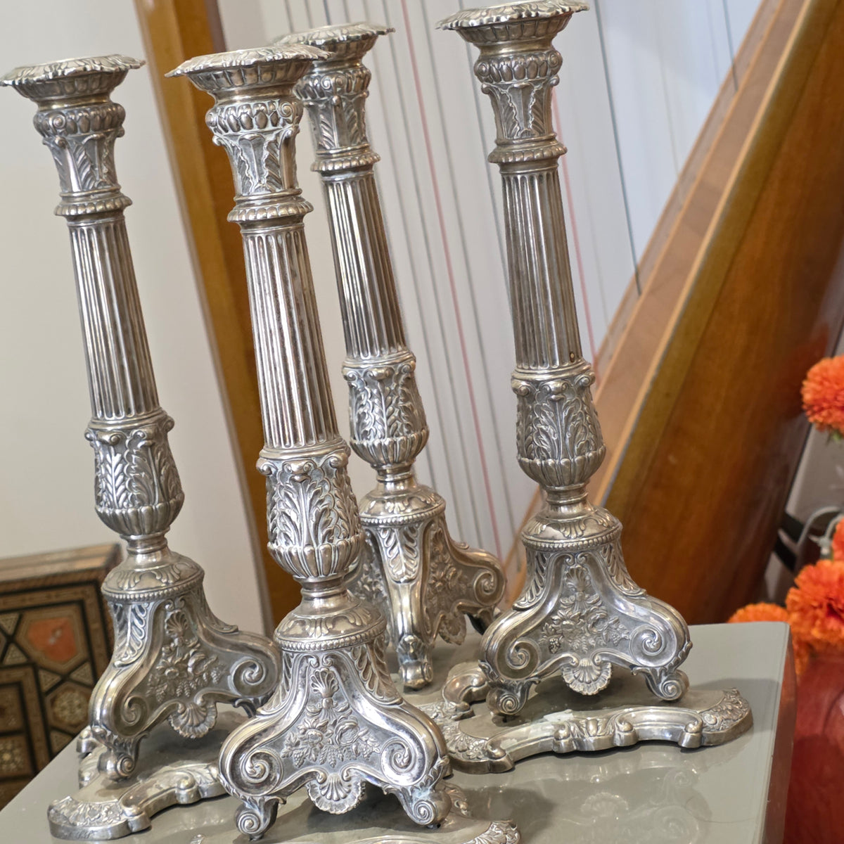 Rare Set of 4 X Fine German Silver Candlesticks 'Conrad Eduard Mappe' C1830 30cm