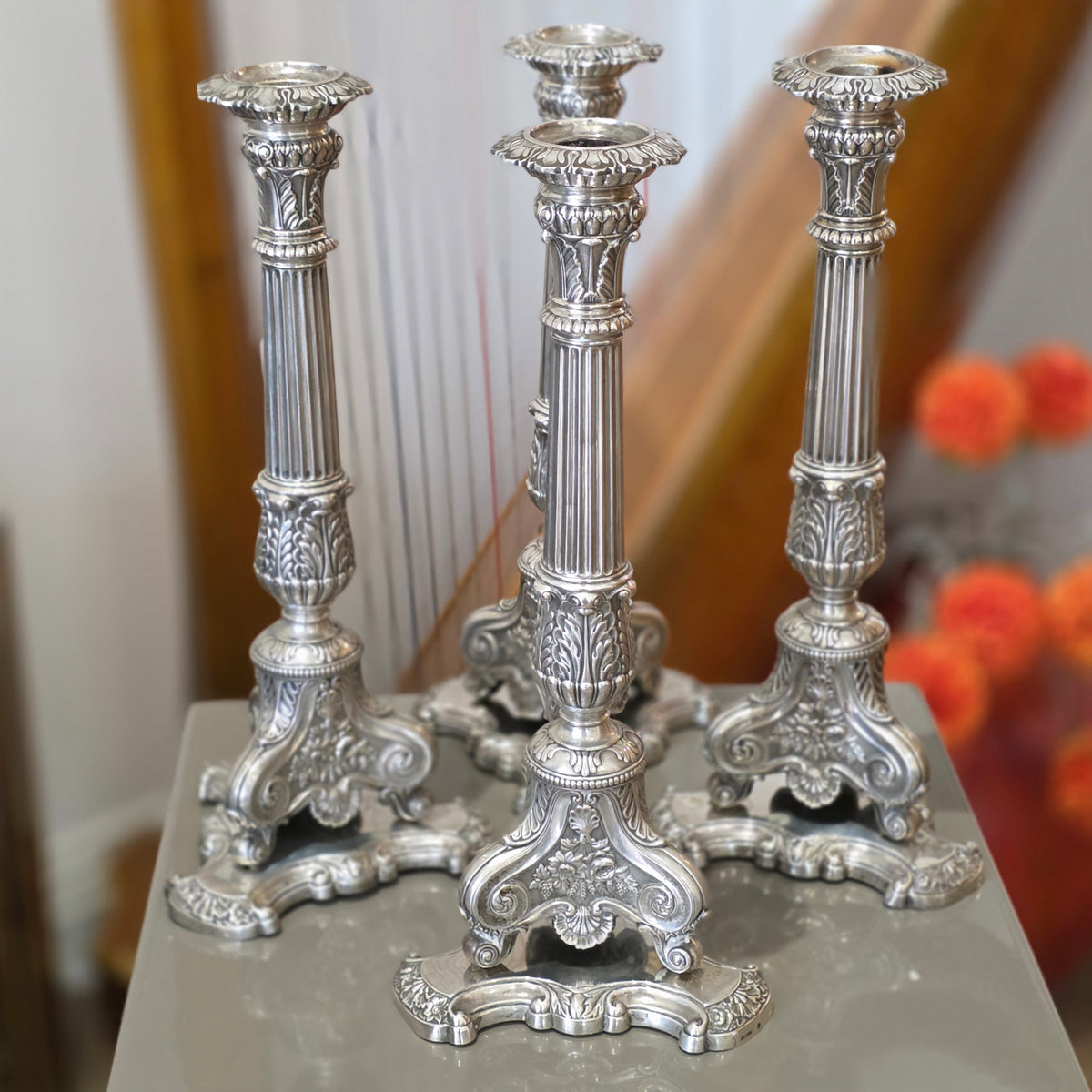 Rare Set of 4 X Fine German Silver Candlesticks 'Conrad Eduard Mappe' C1830 30cm