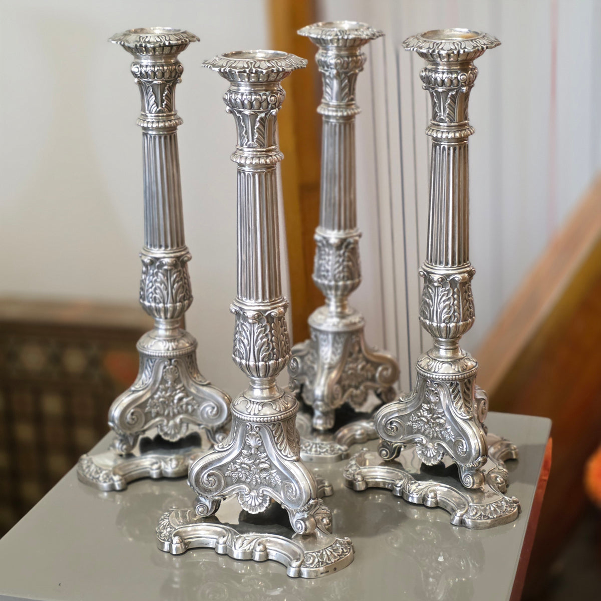 Rare Set of 4 X Fine German Silver Candlesticks 'Conrad Eduard Mappe' C1830 30cm
