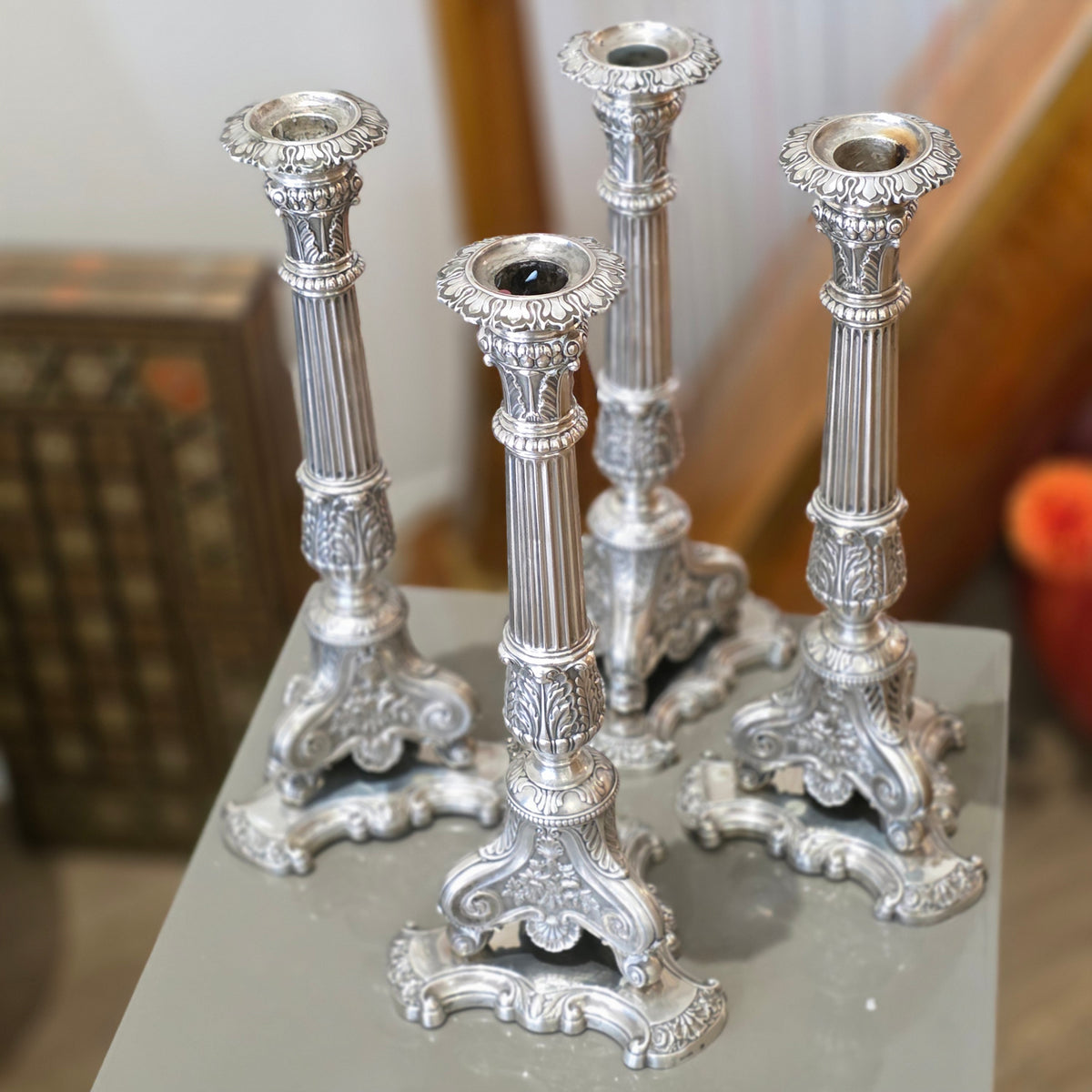 Rare Set of 4 X Fine German Silver Candlesticks 'Conrad Eduard Mappe' C1830 30cm
