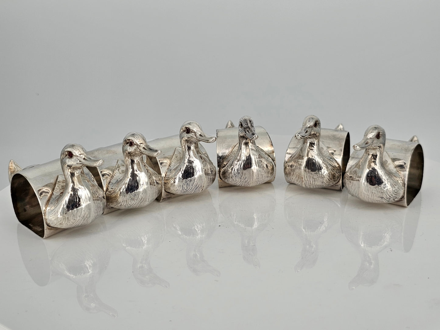 Stunning & Rare Antique Set Of Six Solid Silver Duck Napkin Rings - C1930s