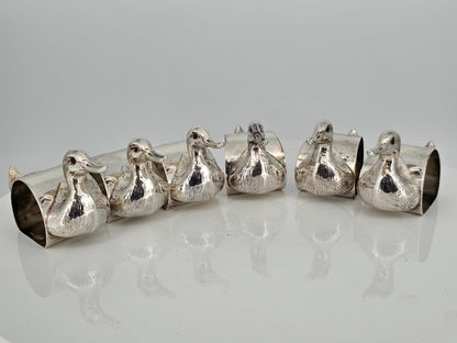 Stunning & Rare Antique Set Of Six Solid Silver Duck Napkin Rings - C1930s