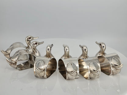 Stunning & Rare Antique Set Of Six Solid Silver Duck Napkin Rings - C1930s