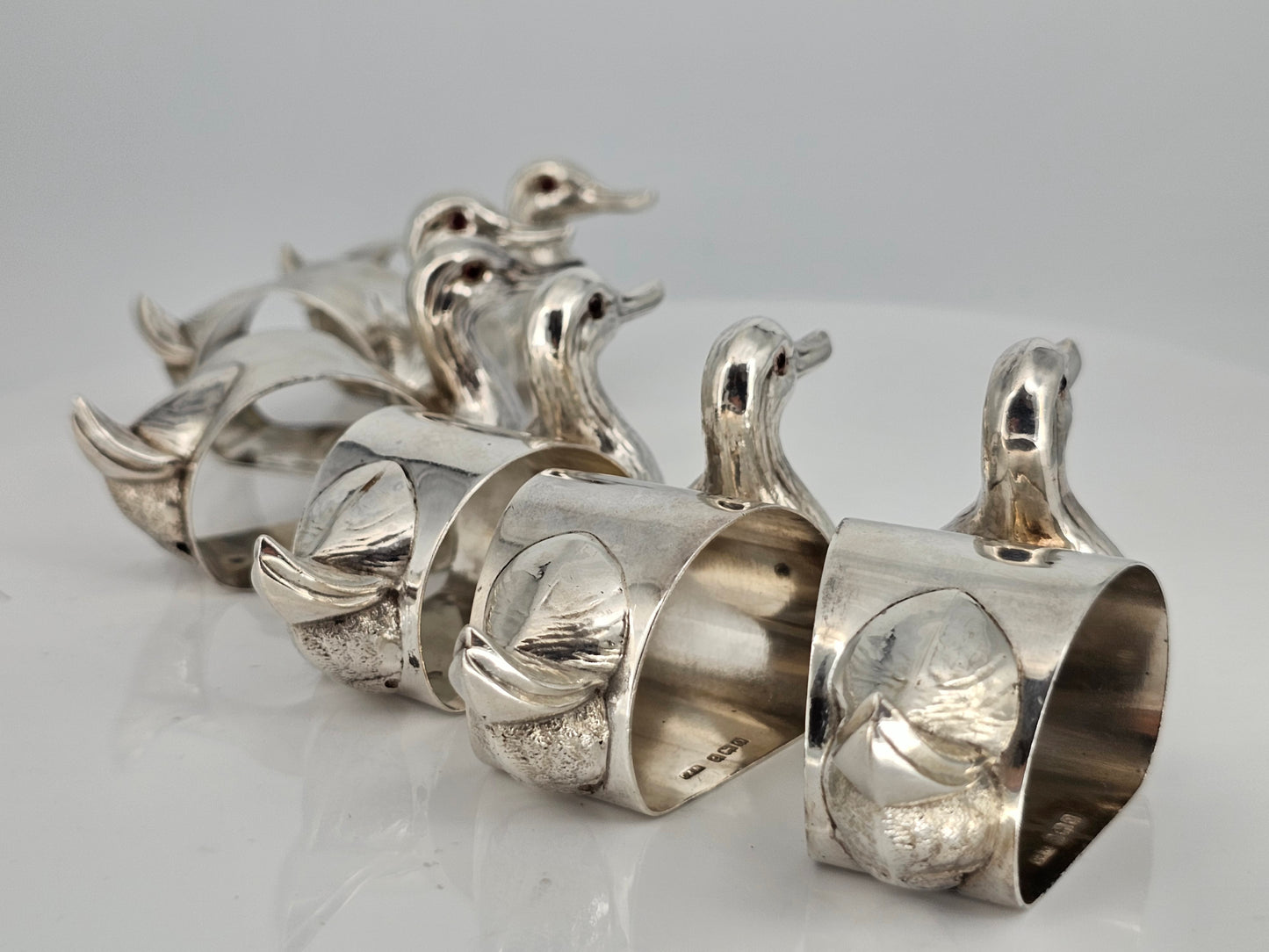 Stunning & Rare Antique Set Of Six Solid Silver Duck Napkin Rings - C1930s