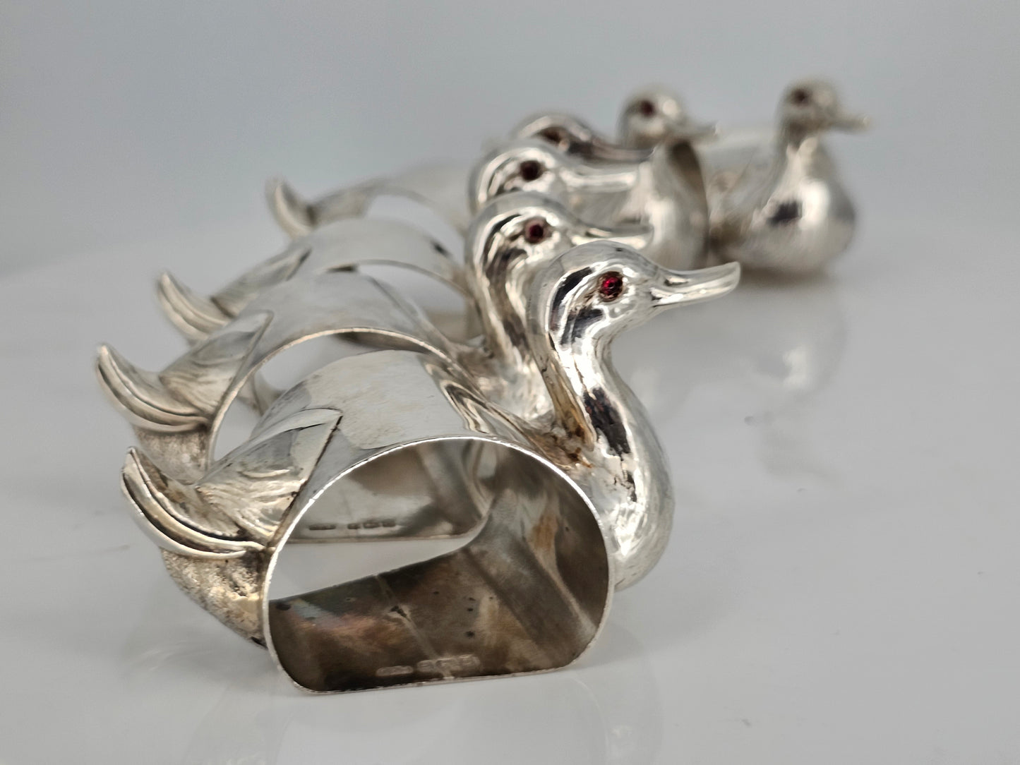 Stunning & Rare Antique Set Of Six Solid Silver Duck Napkin Rings - C1930s