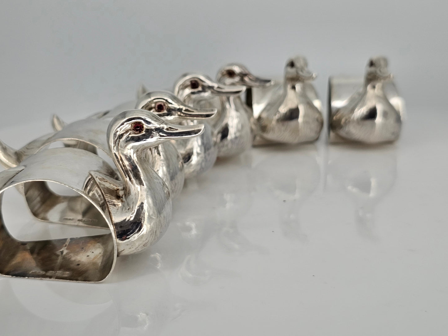 Stunning & Rare Antique Set Of Six Solid Silver Duck Napkin Rings - C1930s