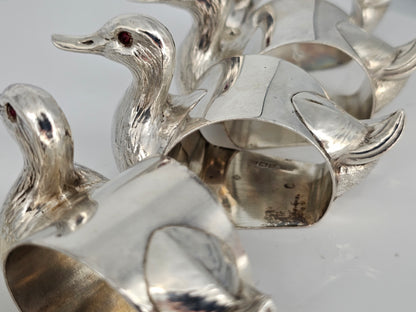 Stunning & Rare Antique Set Of Six Solid Silver Duck Napkin Rings - C1930s