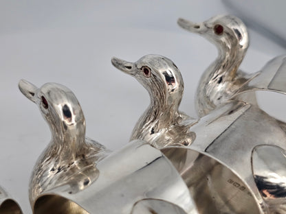 Stunning & Rare Antique Set Of Six Solid Silver Duck Napkin Rings - C1930s