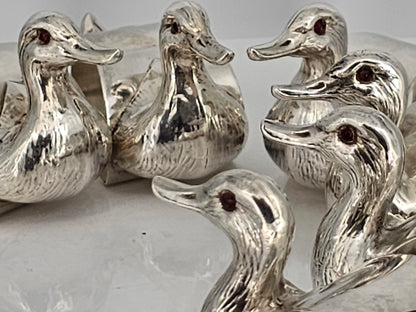 Stunning & Rare Antique Set Of Six Solid Silver Duck Napkin Rings - C1930s