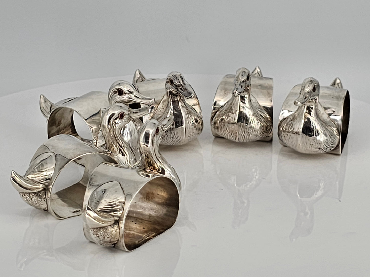 Stunning & Rare Antique Set Of Six Solid Silver Duck Napkin Rings - C1930s