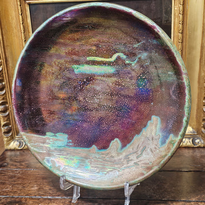 Clement Massier Large Art Nouveau Purple & Green Iridescent Pottery Charger