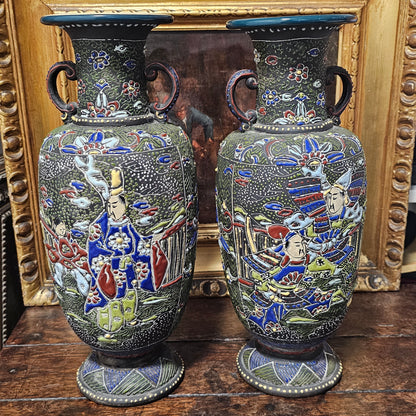 Large Antique Pair Of C 1890 Japanese Edo Period Satsuma Moriage Vases